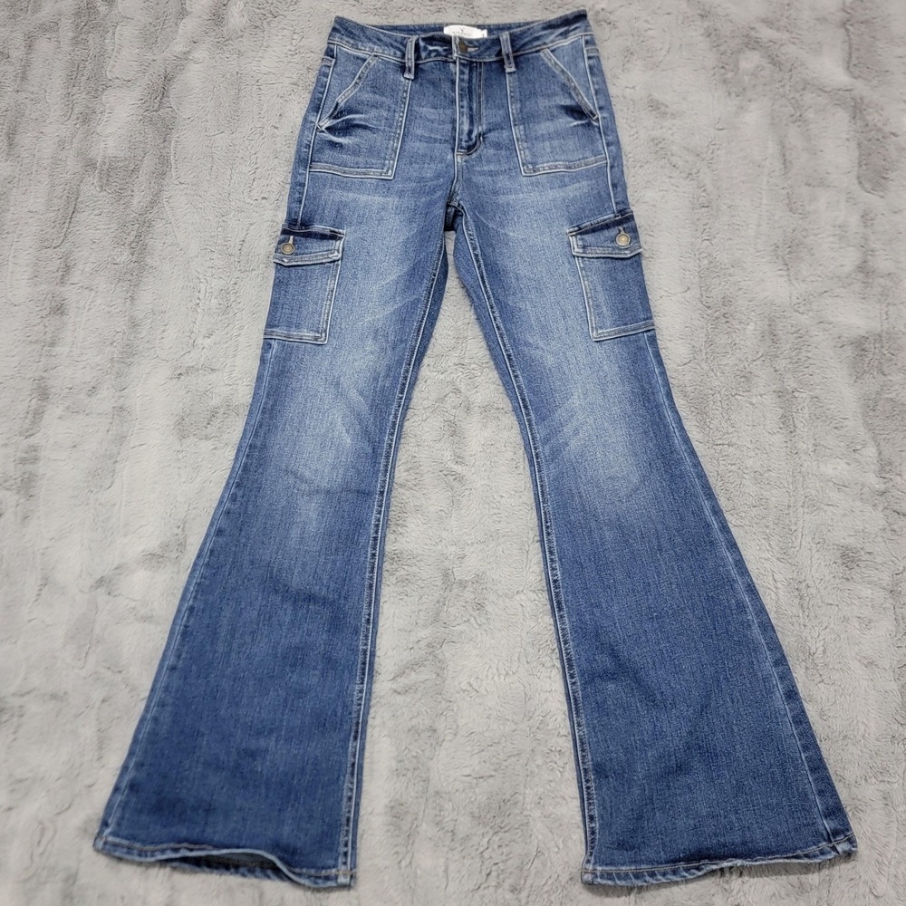 Windsor Jeans Womens 3 Blue Mid Rise Flare Cargo Pocket Stretch Denim